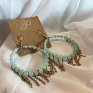 Plunder Mint Beaded Hoop Earrings with Gold Chain Fringe